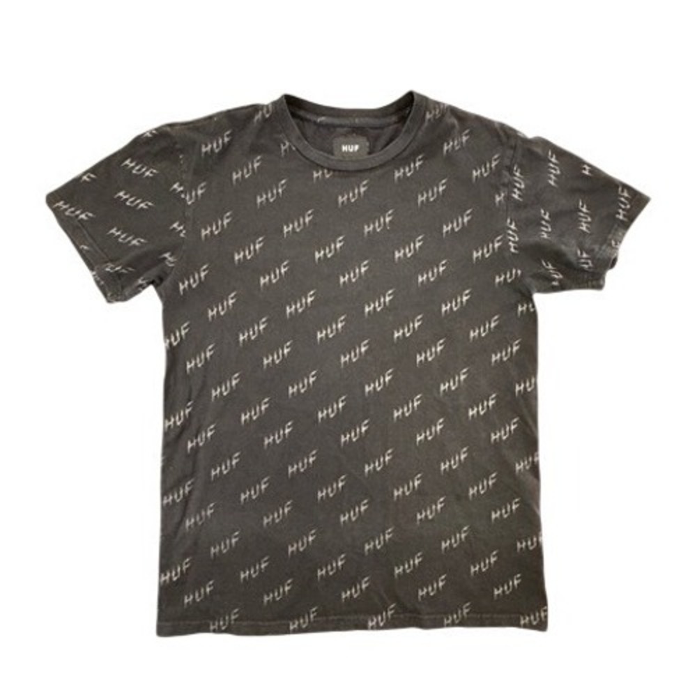 HUF Mens All Over Logo Print T-Shirt Faded Black Cotton Skate Streetwear Medium